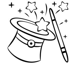 Magician’s hat with wand and stars.