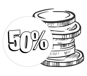 Stack of coins with a 50% off circle.