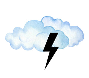 Watercolor cloud with black lightning bolt.